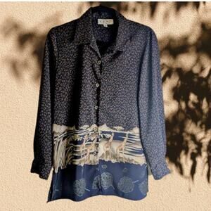 Kemp 6 vintage button down animal print long sleeve polyester woman's blouse.
